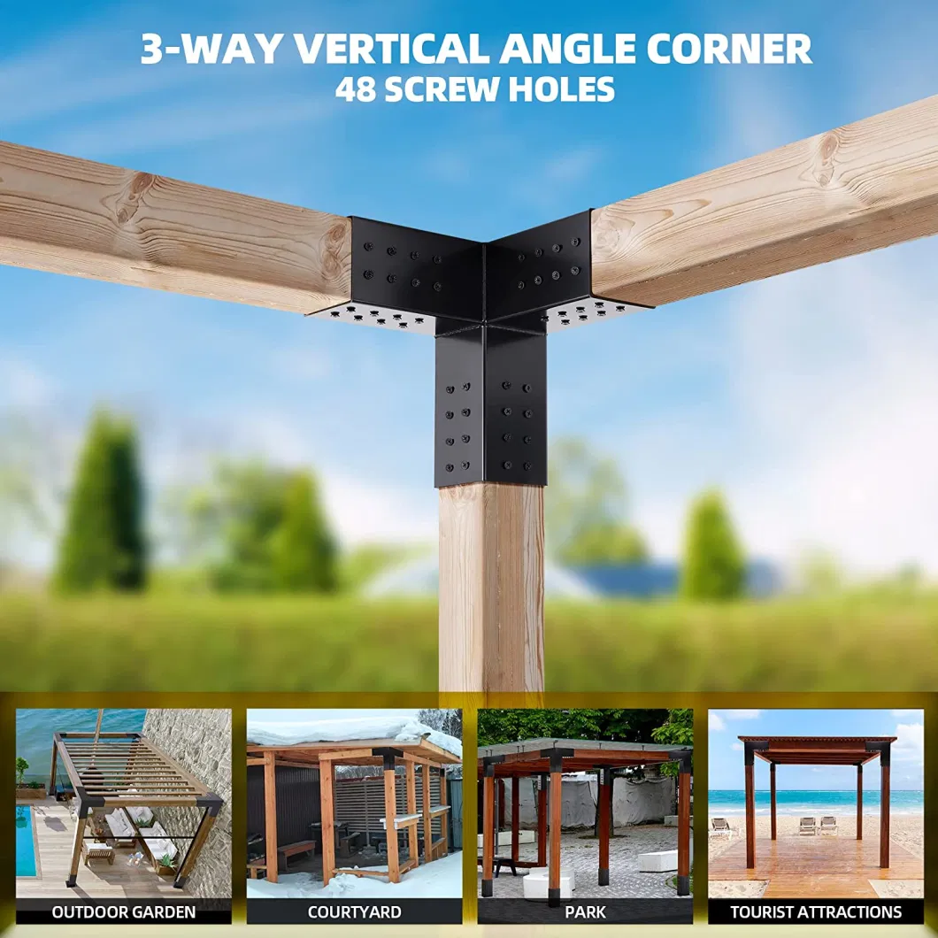 Custom OEM 3 Arm Black Pergola Corner Brace Hardware Pole Holder Bracket for 4X4&prime;&prime; 6X6&prime;&prime; Wood Posts